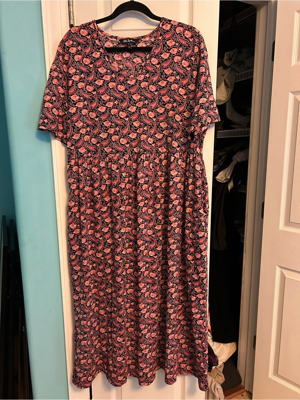 Ulla Popken Navy Midi Dress with Pink Floral Paisley Print